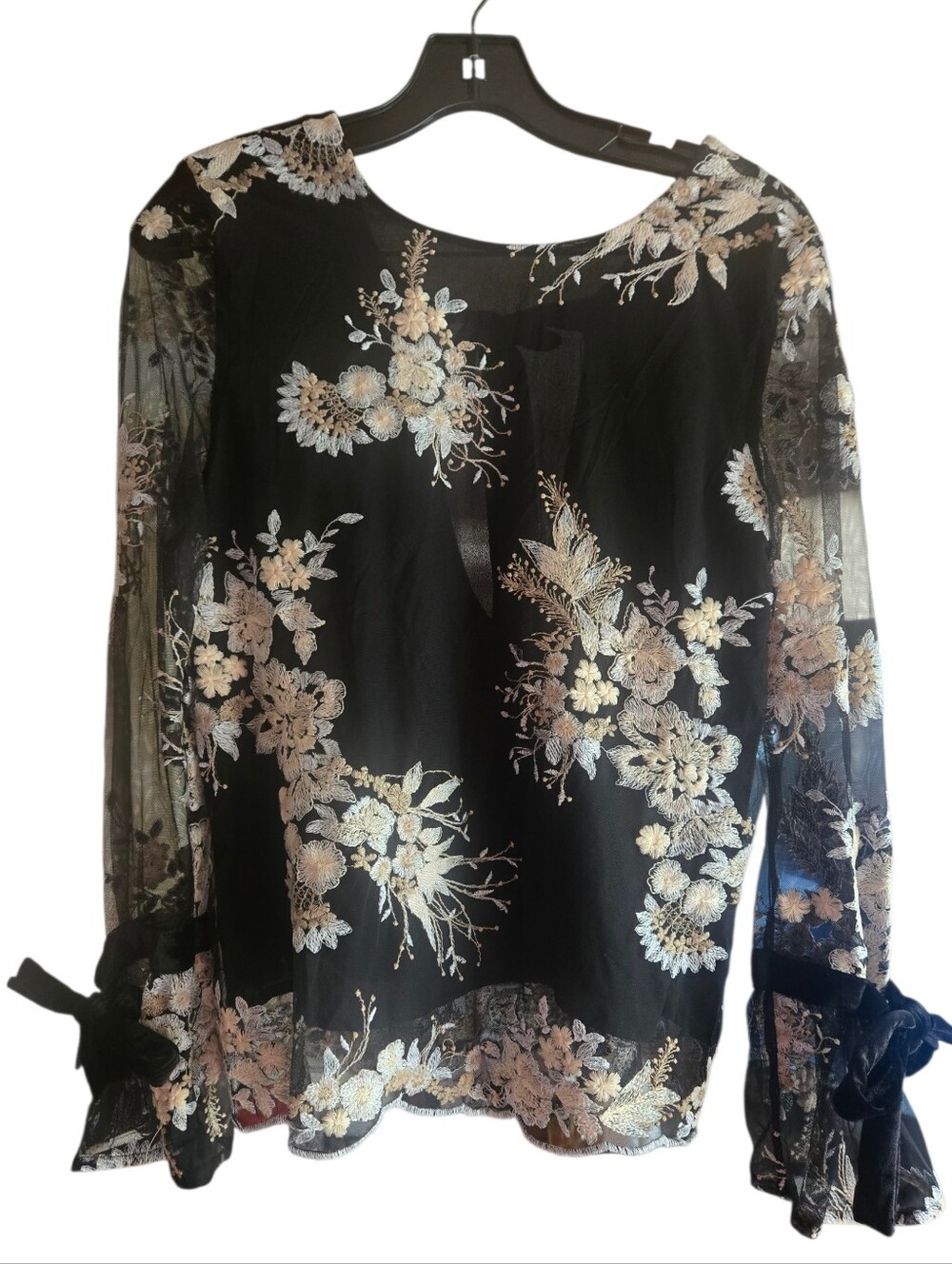 Wayf Black Sheer Blouse with Cream & Gold Floral Embroidery